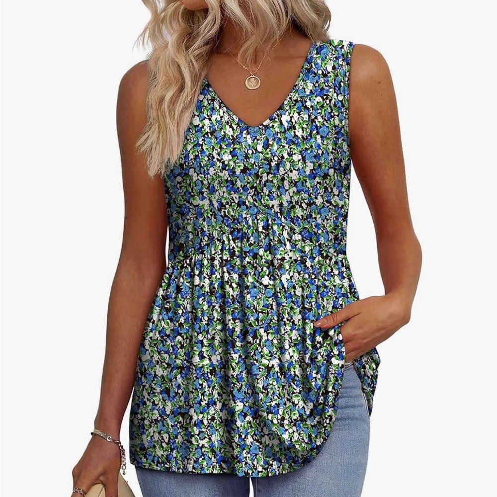 Floral Sleeveless Top - Blue and Green